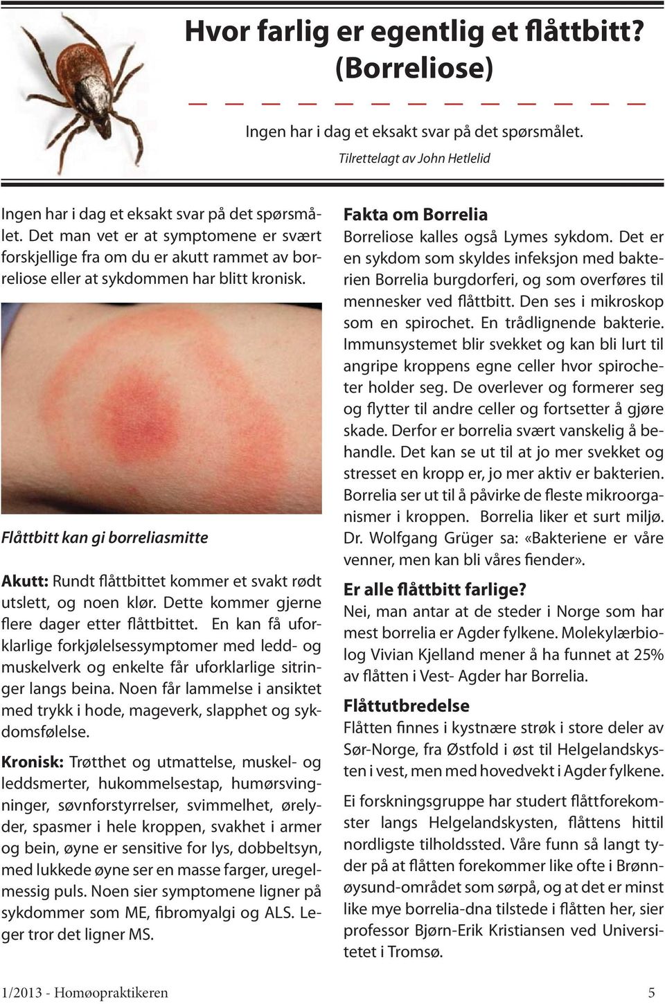 Flåttbitt kan gi borreliasmitte Akutt: Rundt flåttbittet kommer et svakt rødt utslett, og noen klør. Dette kommer gjerne flere dager etter flåttbittet.