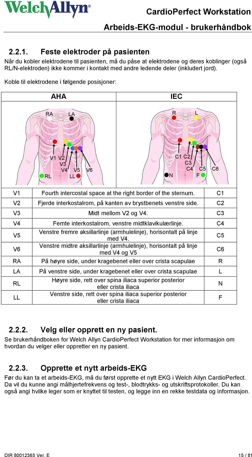 jord). Koble til elektrodene i følgende posisjoner: AHA IEC RA LA R L V1 V2 C1 C2 V3 C3 V4 V5 V6 C4 C5 C6 RL LL N F V1 Fourth intercostal space at the right border of the sternum.