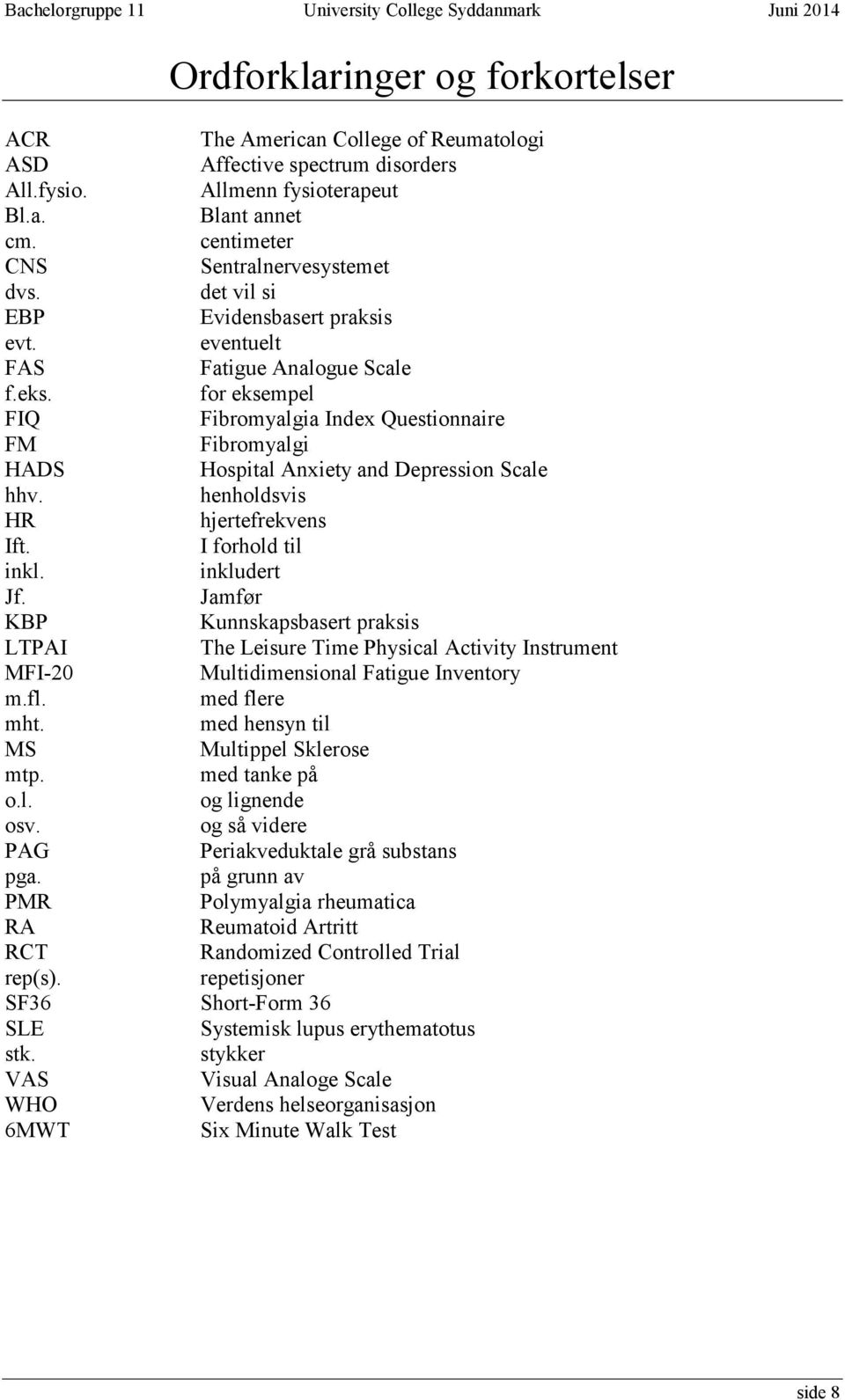 henholdsvis HR hjertefrekvens Ift. I forhold til inkl. inkludert Jf. Jamfør KBP Kunnskapsbasert praksis LTPAI The Leisure Time Physical Activity Instrument MFI-20 Multidimensional Fatigue Inventory m.