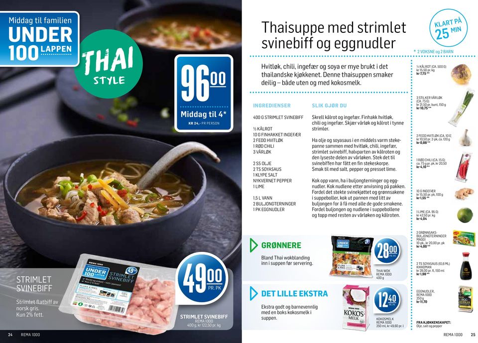 INGREDIENSER 400 G STRIMLET SVINEBIFF ½ KÅLROT 0 G FINHAKKET INGEFÆR FEDD HVITLØK RØD CHILI VÅRLØK SS OLJE TS SOYASAUS KLYPE SALT NYKVERNET PEPPER LIME,5 L VANN BULJONGTERNINGER PK EGGNUDLER SLIK