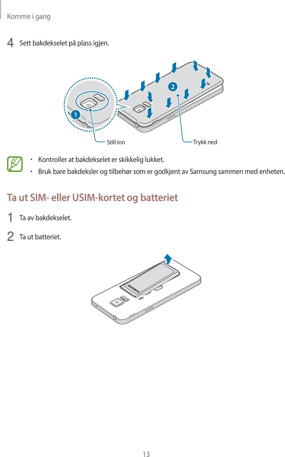 Bruk bare bakdeksler og tilbehør som er godkjent av Samsung sammen med