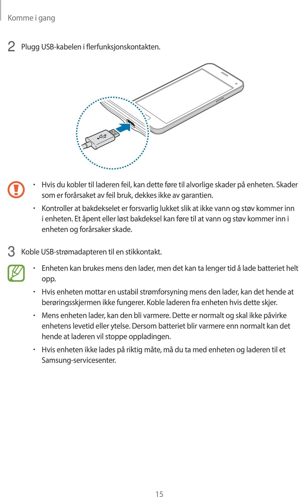 Et åpent eller løst bakdeksel kan føre til at vann og støv kommer inn i enheten og forårsaker skade. 3 Koble USB-strømadapteren til en stikkontakt.