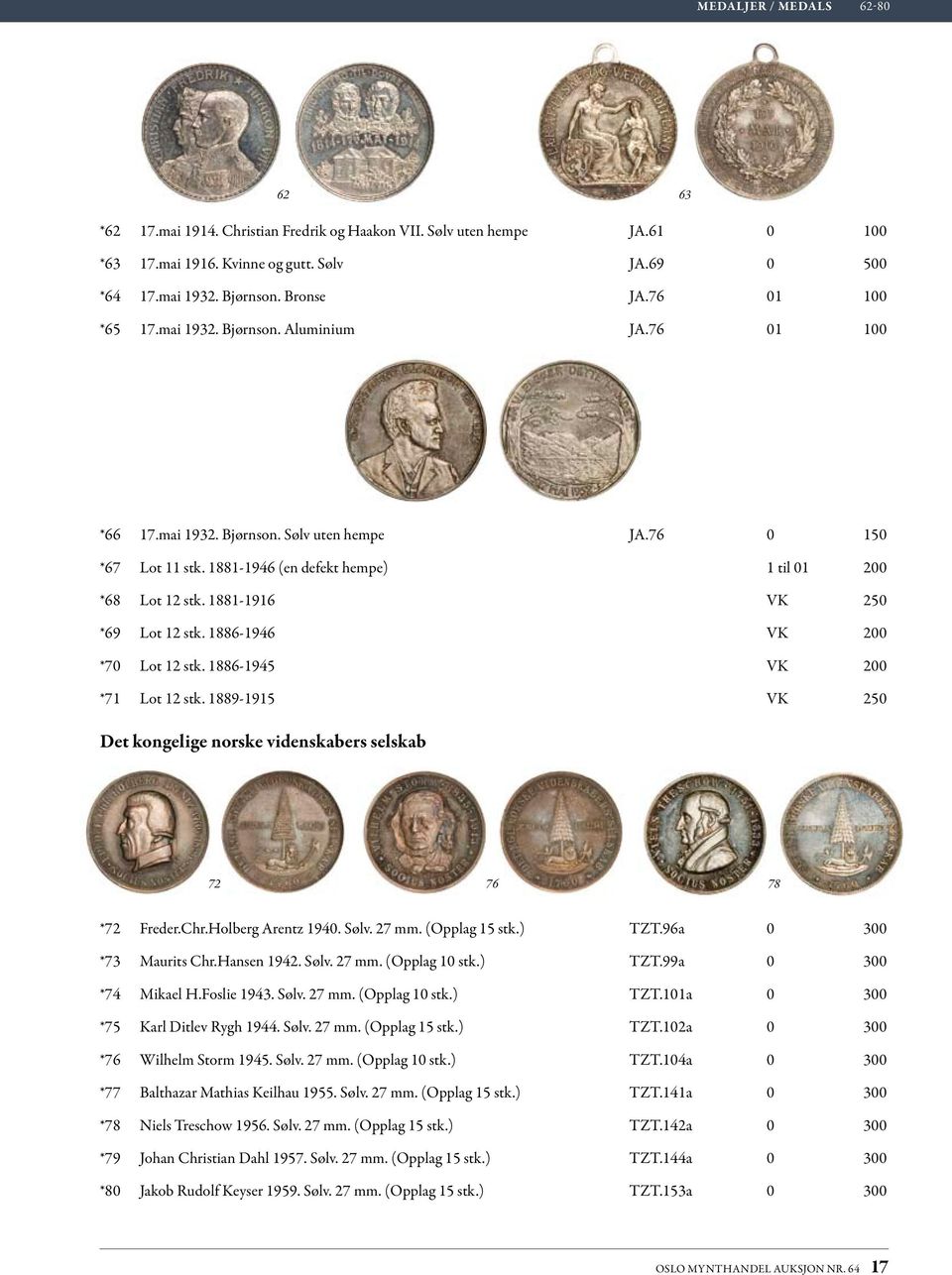 1881-1916 VK 250 *69 Lot 12 stk. 1886-1946 VK 200 *70 Lot 12 stk. 1886-1945 VK 200 *71 Lot 12 stk. 1889-1915 VK 250 Det kongelige norske videnskabers selskab 72 76 78 *72 Freder.Chr.