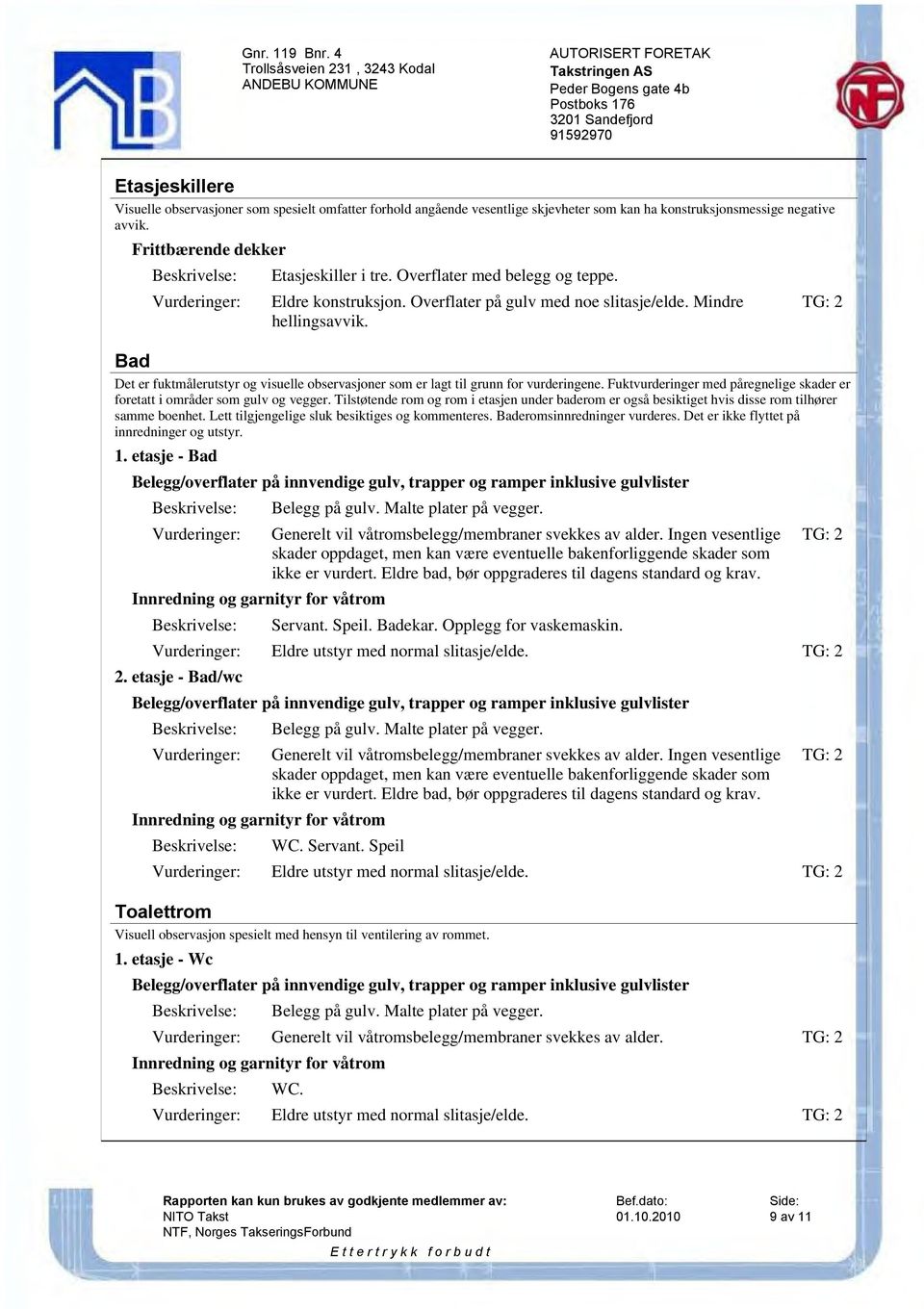 TG: 2 Bad Det er fuktmålerutstyr og visuelle observasjoner som er lagt til grunn for vurderingene. Fuktvurderinger med påregnelige skader er foretatt i områder som gulv og vegger.