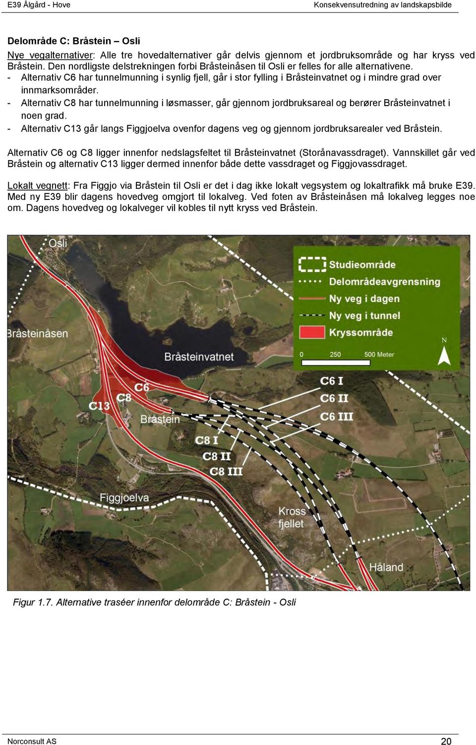 - Alternativ C6 har tunnelmunning i synlig fjell, går i stor fylling i Bråsteinvatnet og i mindre grad over innmarksområder.