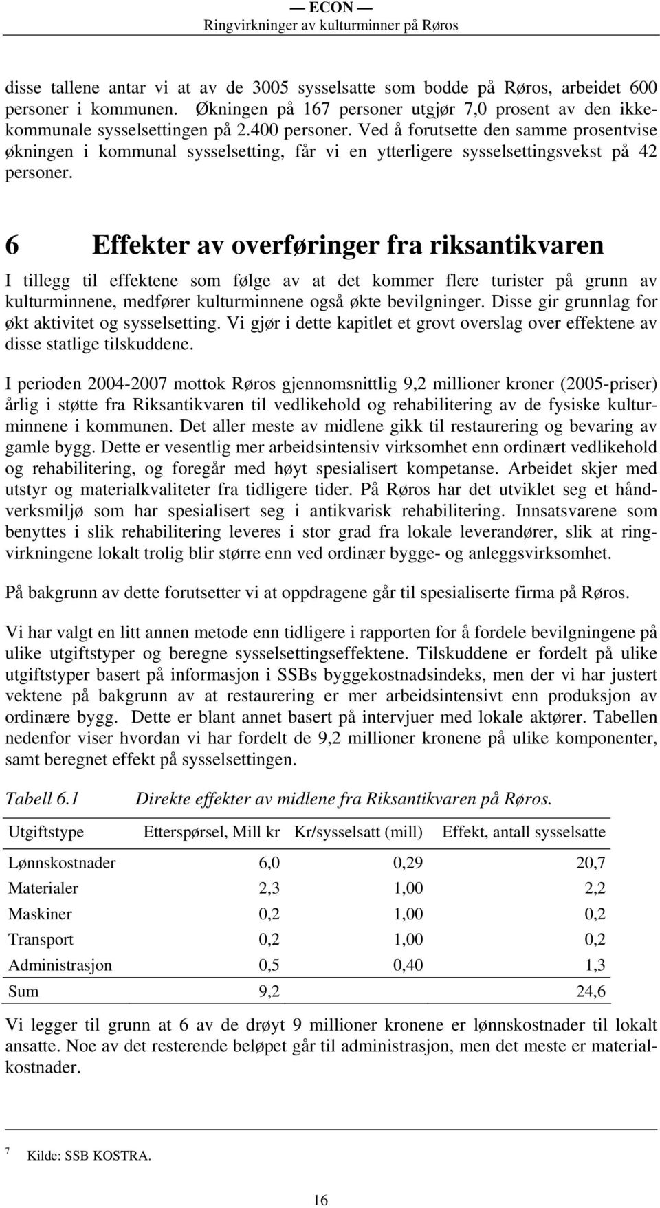 6 Effekter av overføringer fra riksantikvaren I tillegg til effektene som følge av at det kommer flere turister på grunn av kulturminnene, medfører kulturminnene også økte bevilgninger.