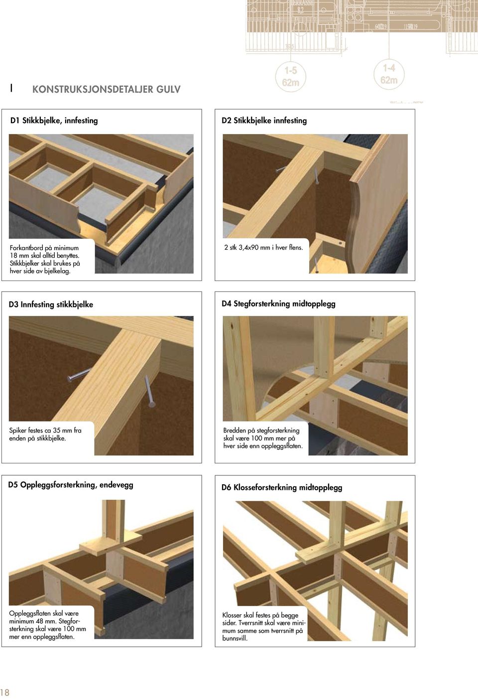 D3 Innfesting stikkbjelke D4 Stegforsterkning midtopplegg Spiker festes ca 35 mm fra enden på stikkbjelke.