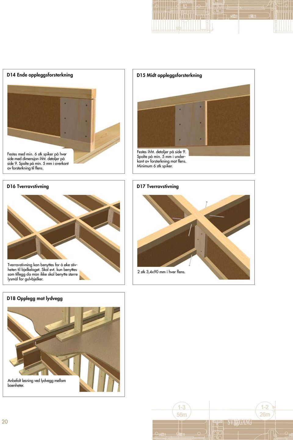 Minimum 6 stk spiker. D16 Tverravstivning D17 Tverravstivning Tverravstivning kan benyttes for å øke stivheten til bjelkelaget. Skal evt.