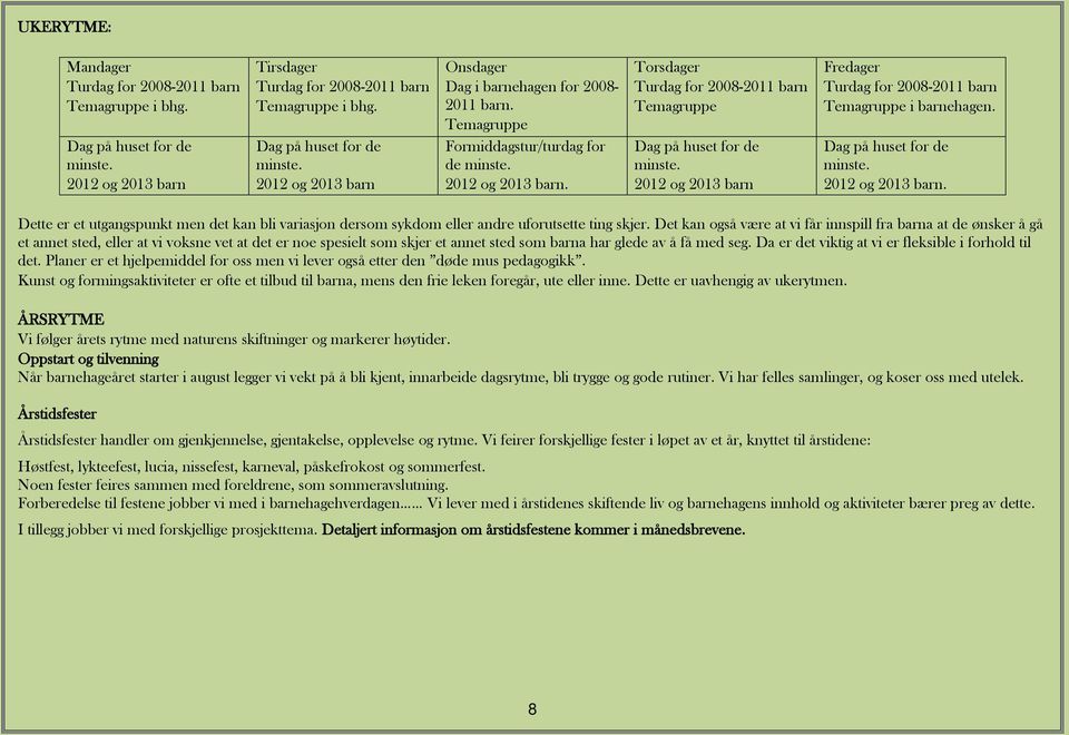 2012 og 2013 barn Fredager Turdag for 2008-2011 barn Temagruppe i barnehagen. Dag på huset for de minste. 2012 og 2013 barn.