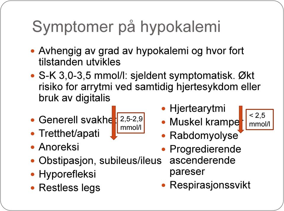 Økt risiko for arrytmi ved samtidig hjertesykdom eller bruk av digitalis Generell svakhet 2,5-2,9 mmol/l