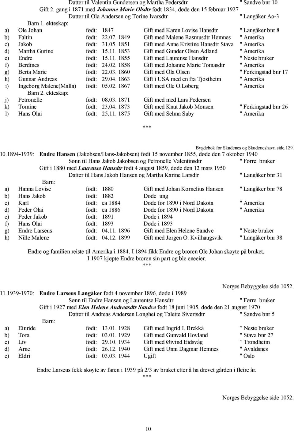 ekteskap: a) Ole Johan født: 1847 Gift med Karen Lovise Hansdtr " Langåker bnr 8 b) Faltin født: 22.07. 1849 Gift med Malene Rasmusdtr Hemnes " Amerika c) Jakob født: 31.05.