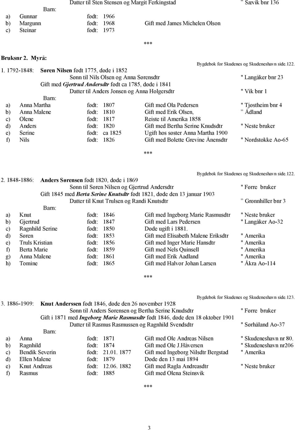 1792-1848: Søren Nilsen født 1775, døde i 1852 Sønn til Nils Olsen og Anna Sørensdtr " Langåker bnr 23 Gift med Gjertrud Andersdtr født ca 1785, døde i 1841 Datter til Anders Jonsen og Anna