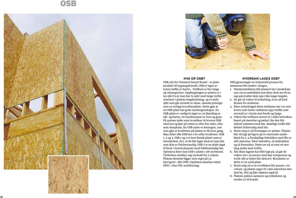 Samme prinsipp som en trelags kryssfinerplate. Dette gjør at en OSB-plate har gode styrkeegenskaper. En OSB-plate er vanligvis laget av en blanding av nål- og bartre, en kombinasjon av furu og gran.