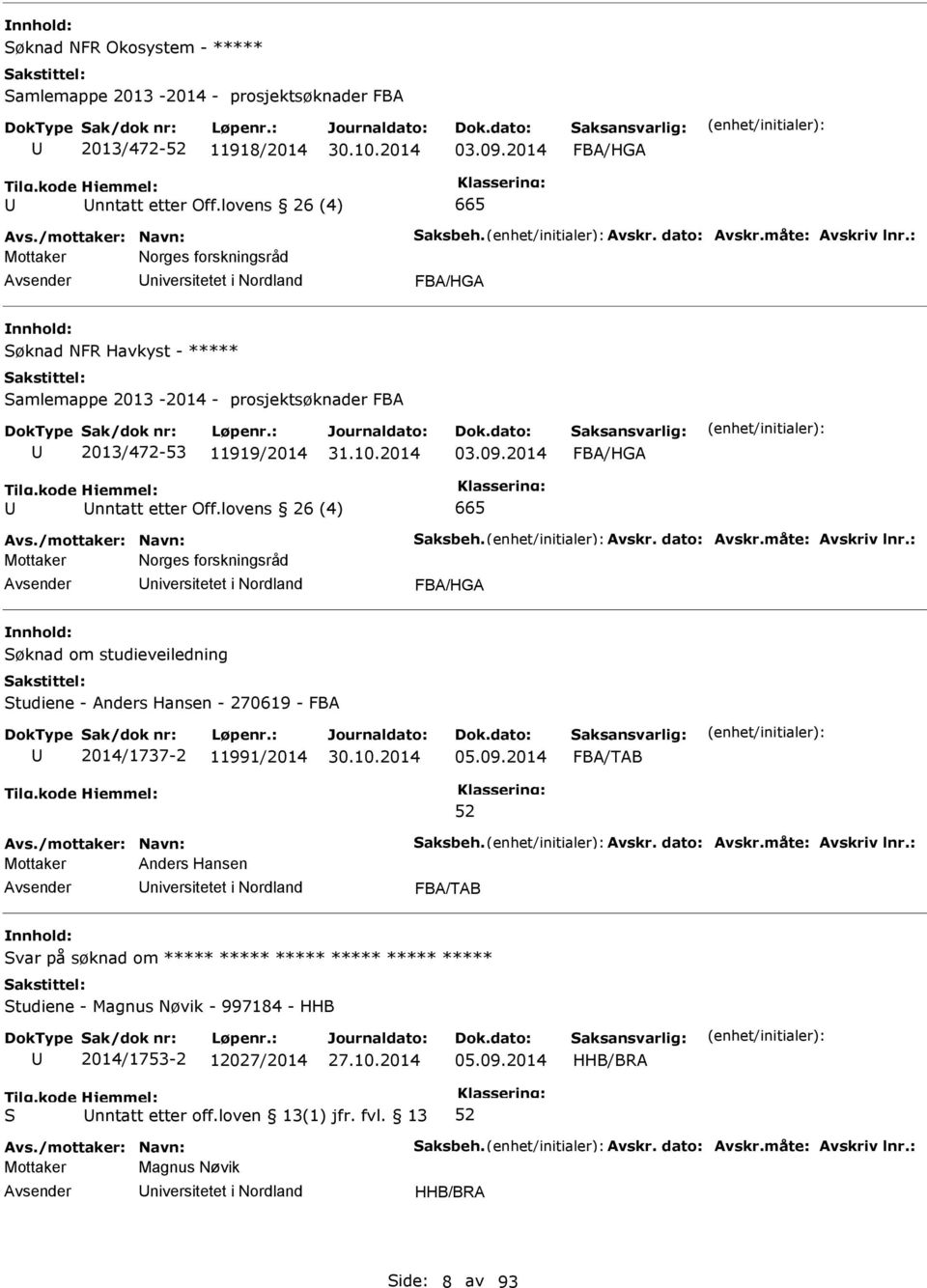 2014 FBA/HGA nntatt etter Off.lovens 26 (4) 665 Avs./mottaker: Navn: aksbeh. Avskr. dato: Avskr.måte: Avskriv lnr.