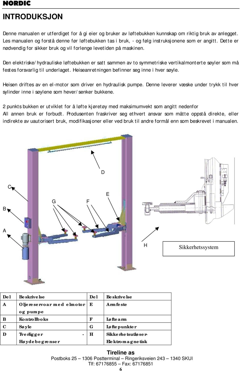 Den elektriske/hydrauliske løftebukken er satt sammen av to symmetriske vertikalmonterte søyler som må festes forsvarlig til underlaget. Heiseanretningen befinner seg inne i hver søyle.