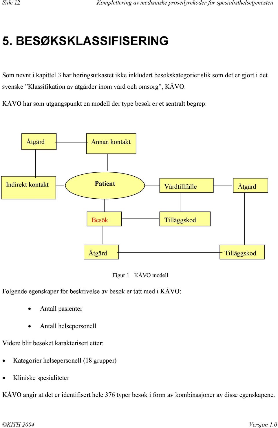 KÅVO har som utgangspunkt en modell der type besøk er et sentralt begrep: Åtgärd Annan kontakt Indirekt kontakt Patient Vårdtillfälle Åtgärd Besök Tilläggskod Åtgärd Tilläggskod Figur 1 KÅVO modell