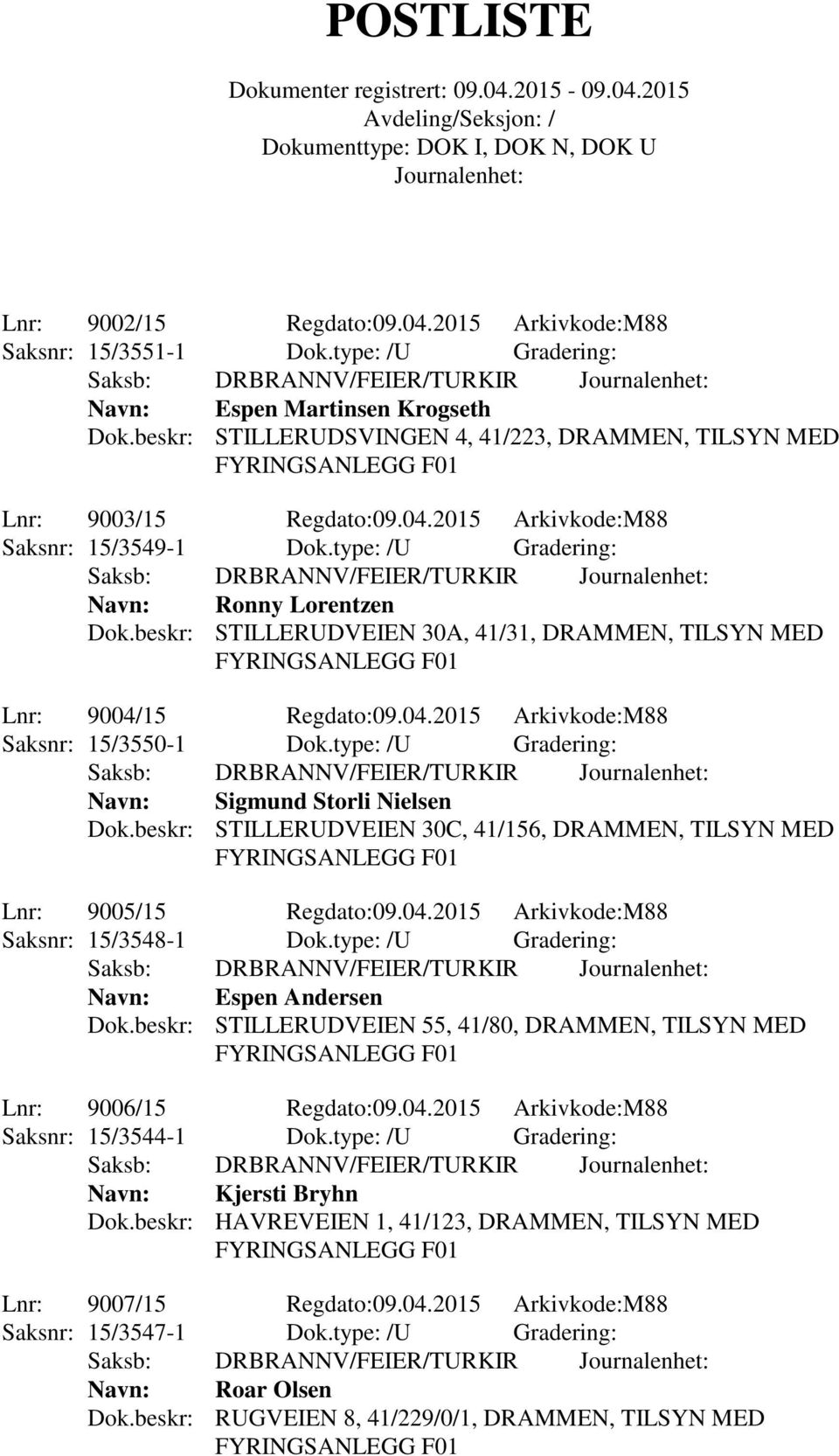 beskr: STILLERUDVEIEN 30A, 41/31, DRAMMEN, TILSYN MED Lnr: 9004/15 Regdato:09.04.2015 Arkivkode:M88 Saksnr: 15/3550-1 Dok.type: /U Gradering: Navn: Sigmund Storli Nielsen Dok.