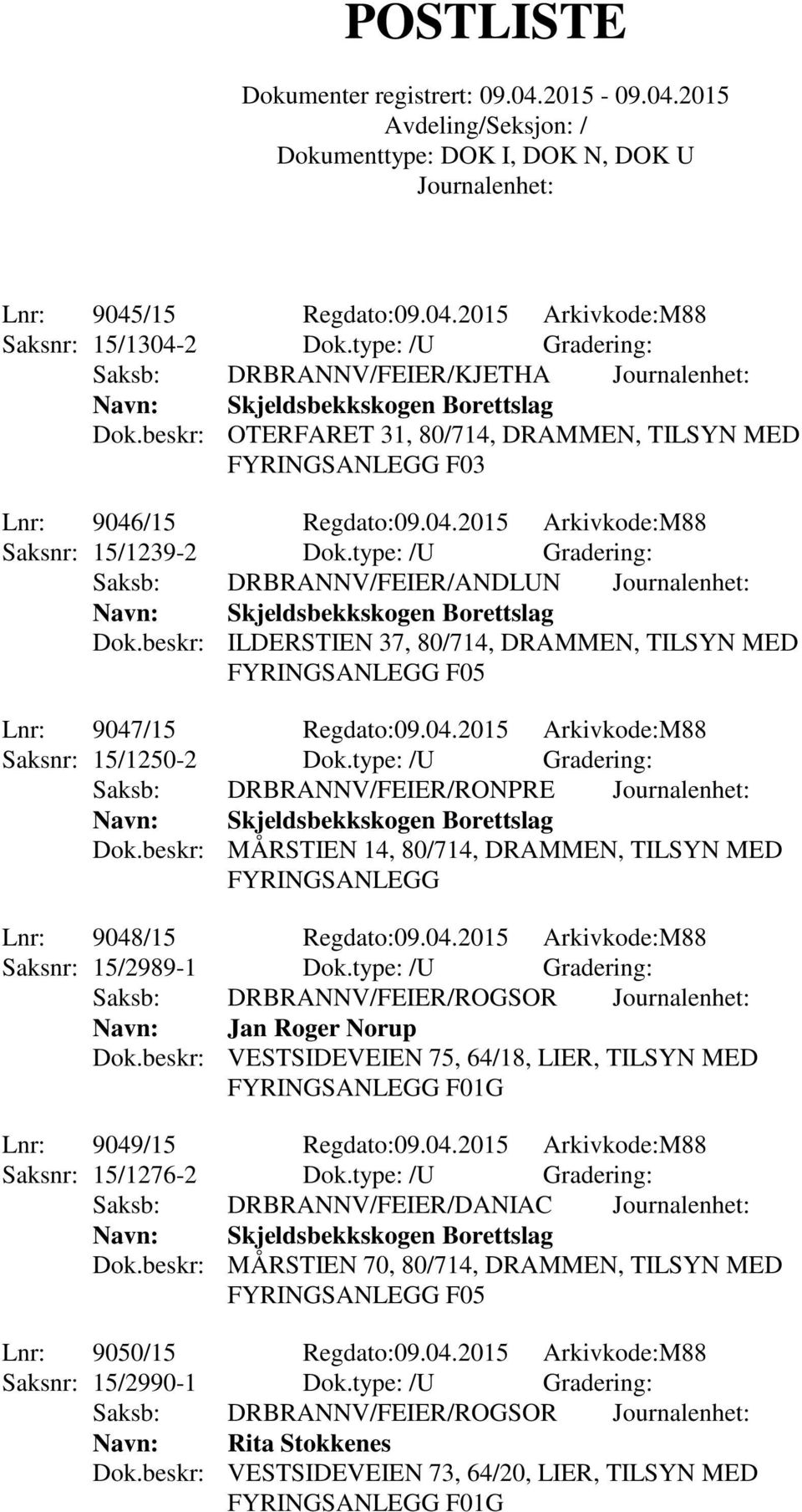 beskr: ILDERSTIEN 37, 80/714, DRAMMEN, TILSYN MED Lnr: 9047/15 Regdato:09.04.2015 Arkivkode:M88 Saksnr: 15/1250-2 Dok.type: /U Gradering: Saksb: DRBRANNV/FEIER/RONPRE Dok.