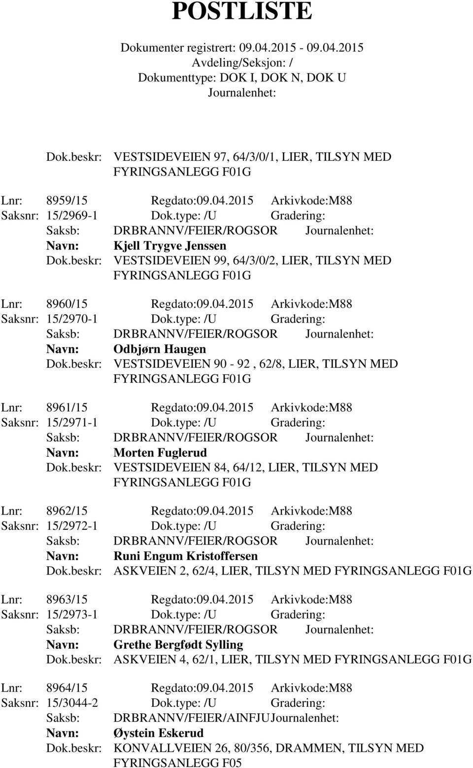 beskr: VESTSIDEVEIEN 90-92, 62/8, LIER, TILSYN MED G Lnr: 8961/15 Regdato:09.04.2015 Arkivkode:M88 Saksnr: 15/2971-1 Dok.type: /U Gradering: Navn: Morten Fuglerud Dok.