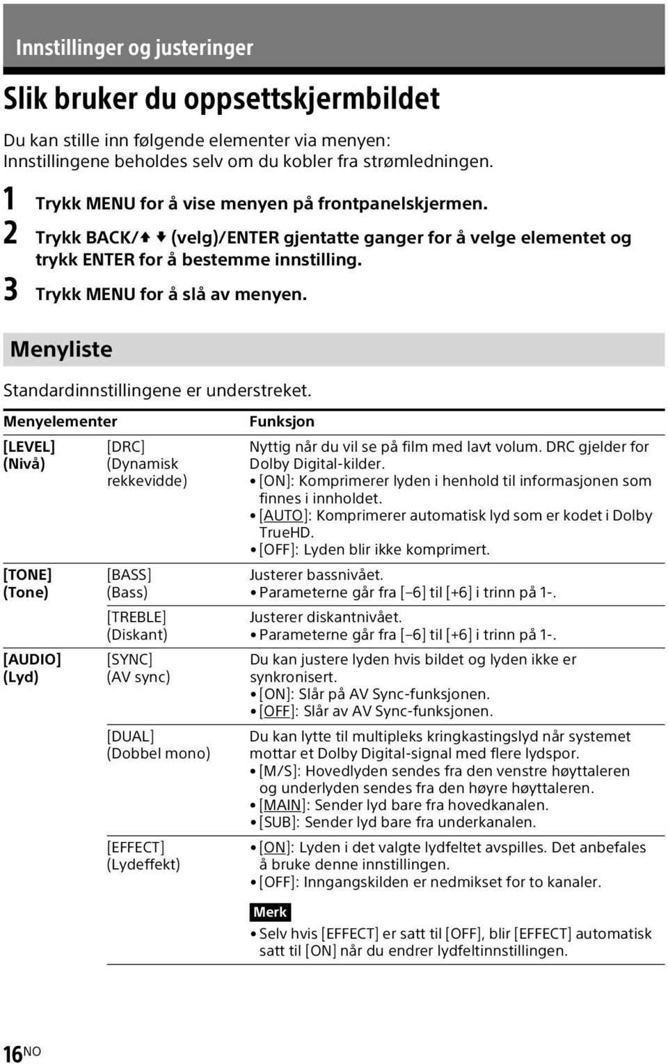 Menyliste Standardinnstillingene er understreket.