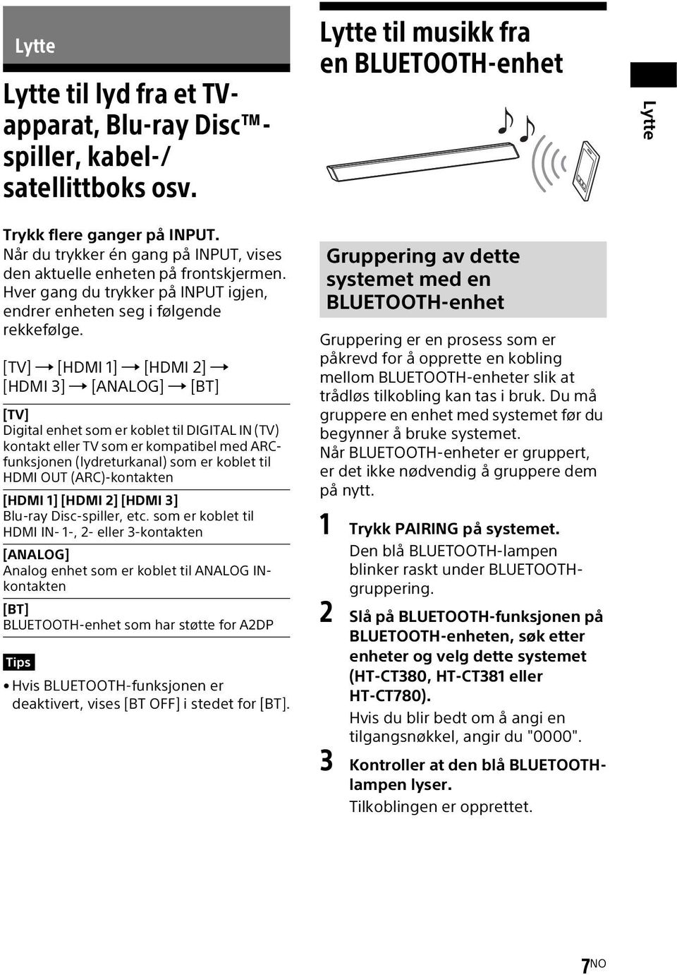 [TV] [HDMI 1] [HDMI 2] [HDMI 3] [ANALOG] [BT] [TV] Digital enhet som er koblet til DIGITAL IN (TV) kontakt eller TV som er kompatibel med ARCfunksjonen (lydreturkanal) som er koblet til HDMI OUT