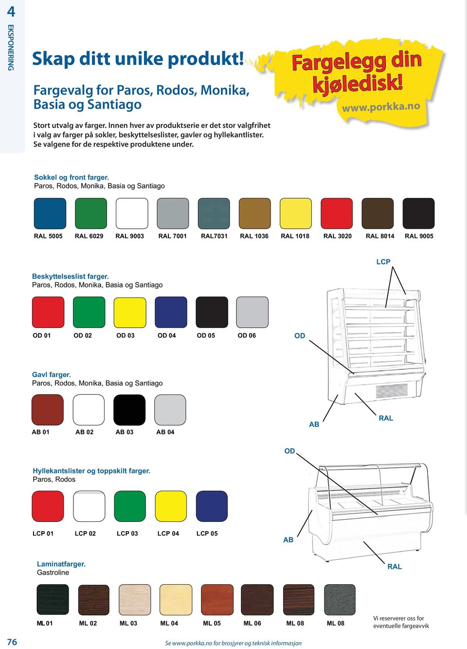 www.porkka.no Sokkel og front farger. Paros, Rodos, Monika, Basia og Santiago RAL 5005 RAL 6029 RAL 9003 RAL 7001 RAL7031 RAL 1036 RAL 1018 RAL 3020 RAL 8014 RAL 9005 Beskyttelseslist farger.