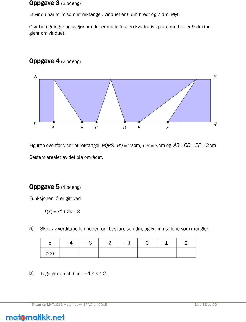 Oppgave 4 (2 poeng) Figuren ovenfor viser et rektangel PQRS. PQ 12cm, QR 3 cm og AB CD EF 2 cm Bestem arealet av det blå området.