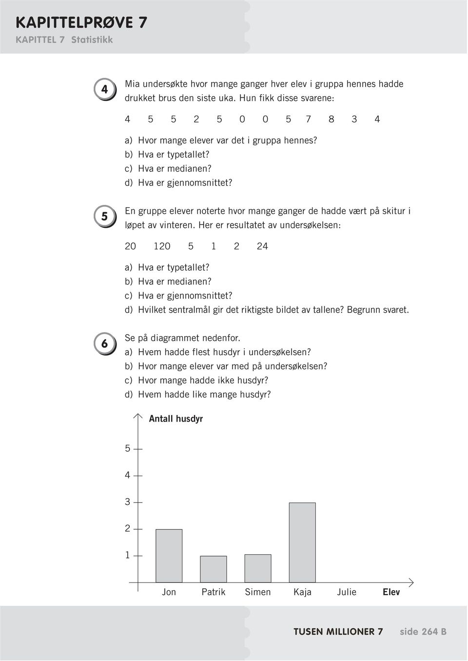 5 En gruppe elever noterte hvor mange ganger de hadde vært på skitur i løpet av vinteren. Her er resultatet av undersøkelsen: 20 120 5 1 2 24 a) Hva er typetallet? b) Hva er medianen?