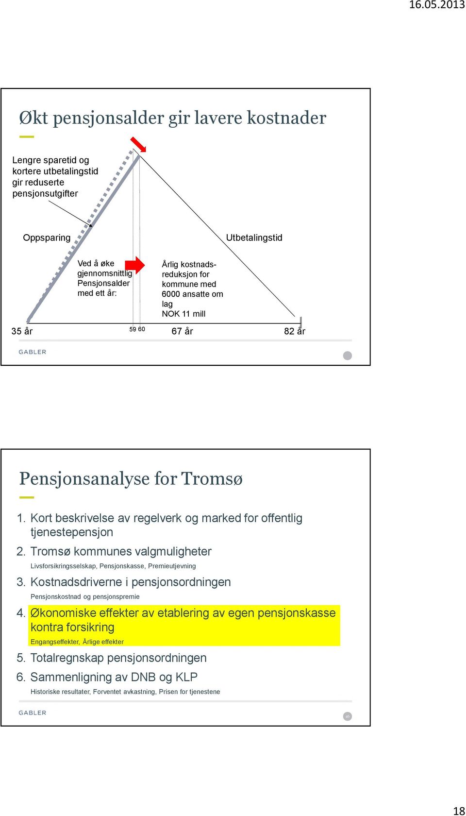 Tromsø kommunes valgmuligheter Livsforsikringsselskap, Pensjonskasse, Premieutjevning 3. Kostnadsdriverne i pensjonsordningen Pensjonskostnad og pensjonspremie 4.