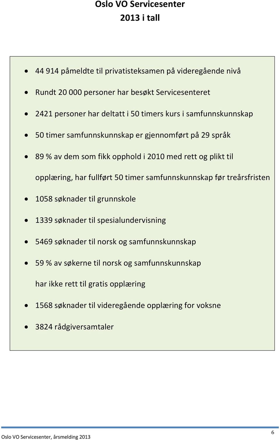 opplæring, har fullført 50 timer samfunnskunnskap før treårsfristen 1058 søknader til grunnskole 1339 søknader til spesialundervisning 5469 søknader til norsk og