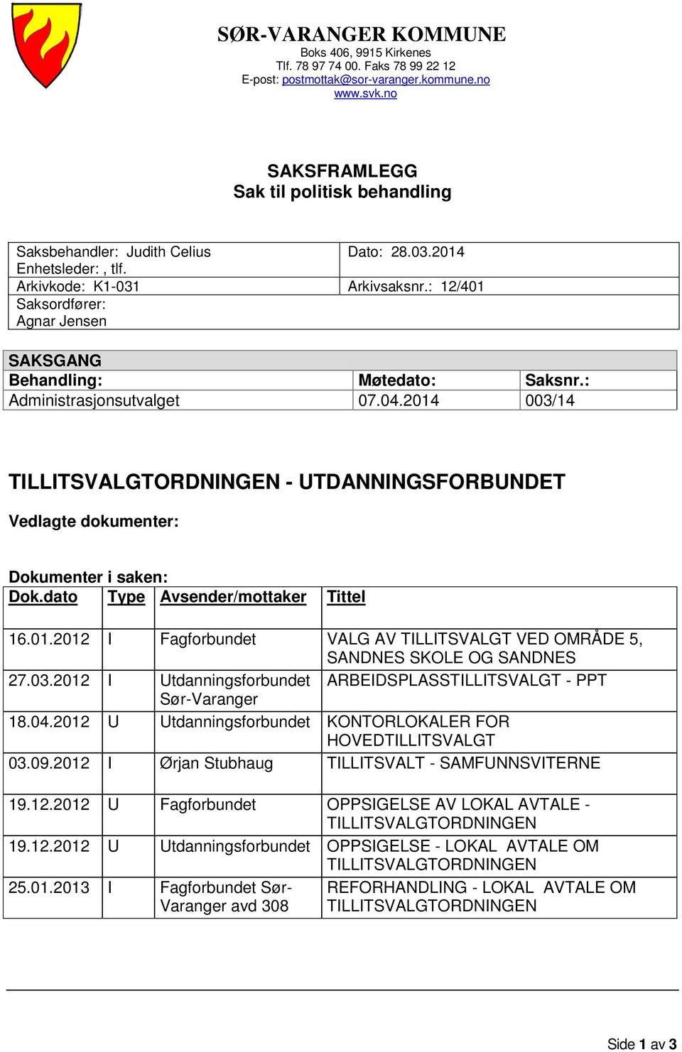 : 12/401 Saksordfører: Agnar Jensen SAKSGANG Behandling: Møtedato: Saksnr.: Administrasjonsutvalget 07.04.