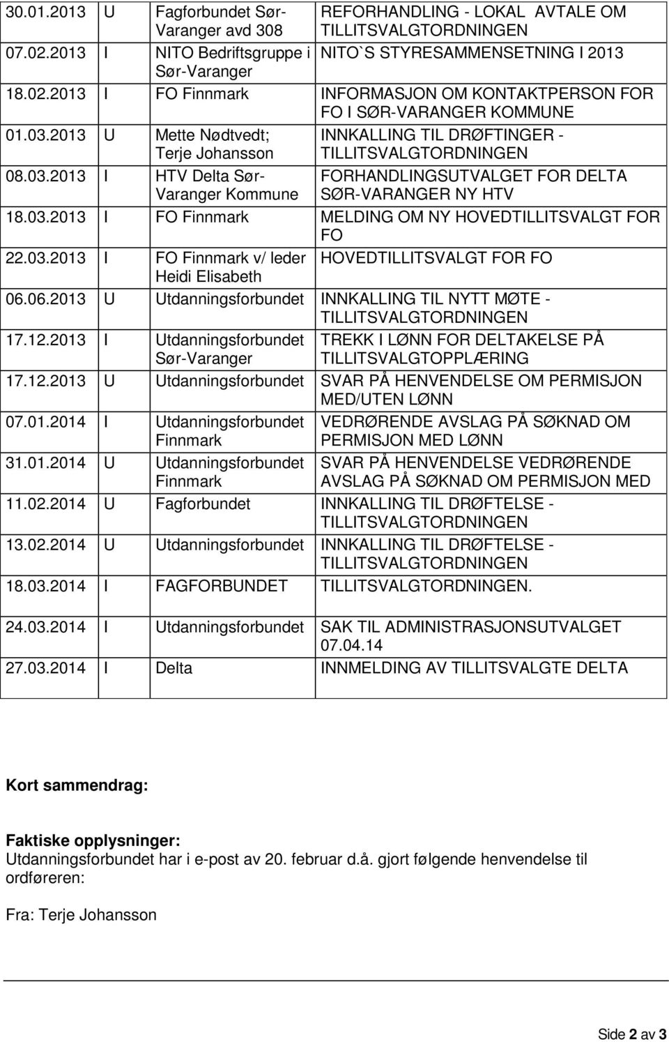 03.2013 I FO Finnmark v/ leder HOVEDTILLITSVALGT FOR FO Heidi Elisabeth 06.06.2013 U Utdanningsforbundet INNKALLING TIL NYTT MØTE - TILLITSVALGTORDNINGEN 17.12.