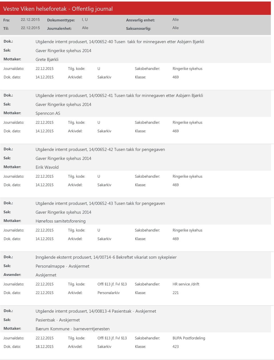 2015 Arkivdel: Sakarkiv 469 tgående internt produsert, 14/00652-42 Tusen takk for pengegaven Gaver Ringerike sykehus 2014 Eirik Wavold Ringerike sykehus Dok. dato: 14.12.