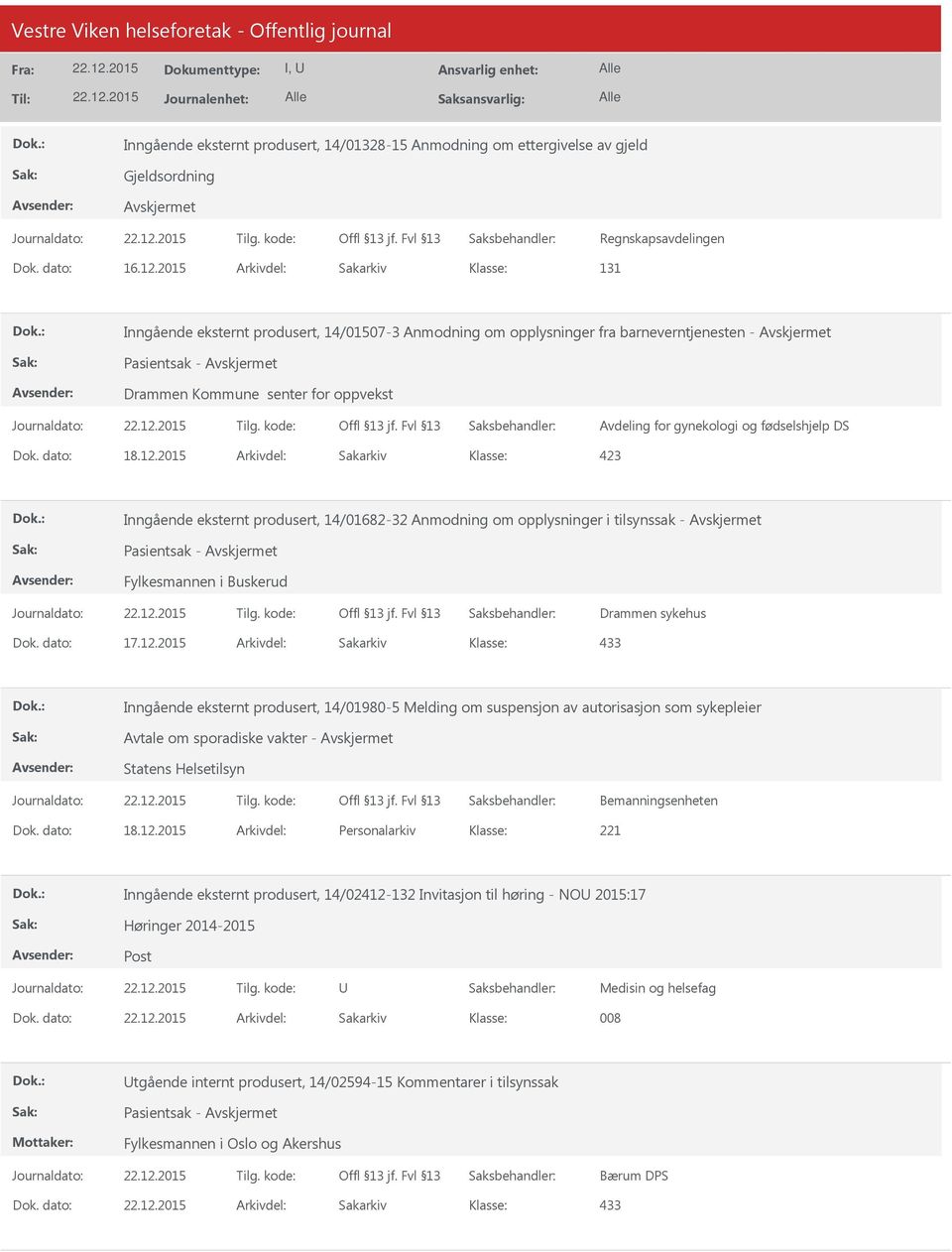 fødselshjelp DS 423 Inngående eksternt produsert, 14/01682-32 Anmodning om opplysninger i tilsynssak - Pasientsak - Fylkesmannen i Buskerud Drammen sykehus Dok. dato: 17.12.