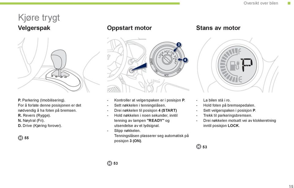 - Drei nøkkelen til posisjon 4 (START) - Hold nøkkelen i noen sekunder, inntil tenning av lampen "READY" og utsendelse av et lydsignal. - Slipp nøkkelen.