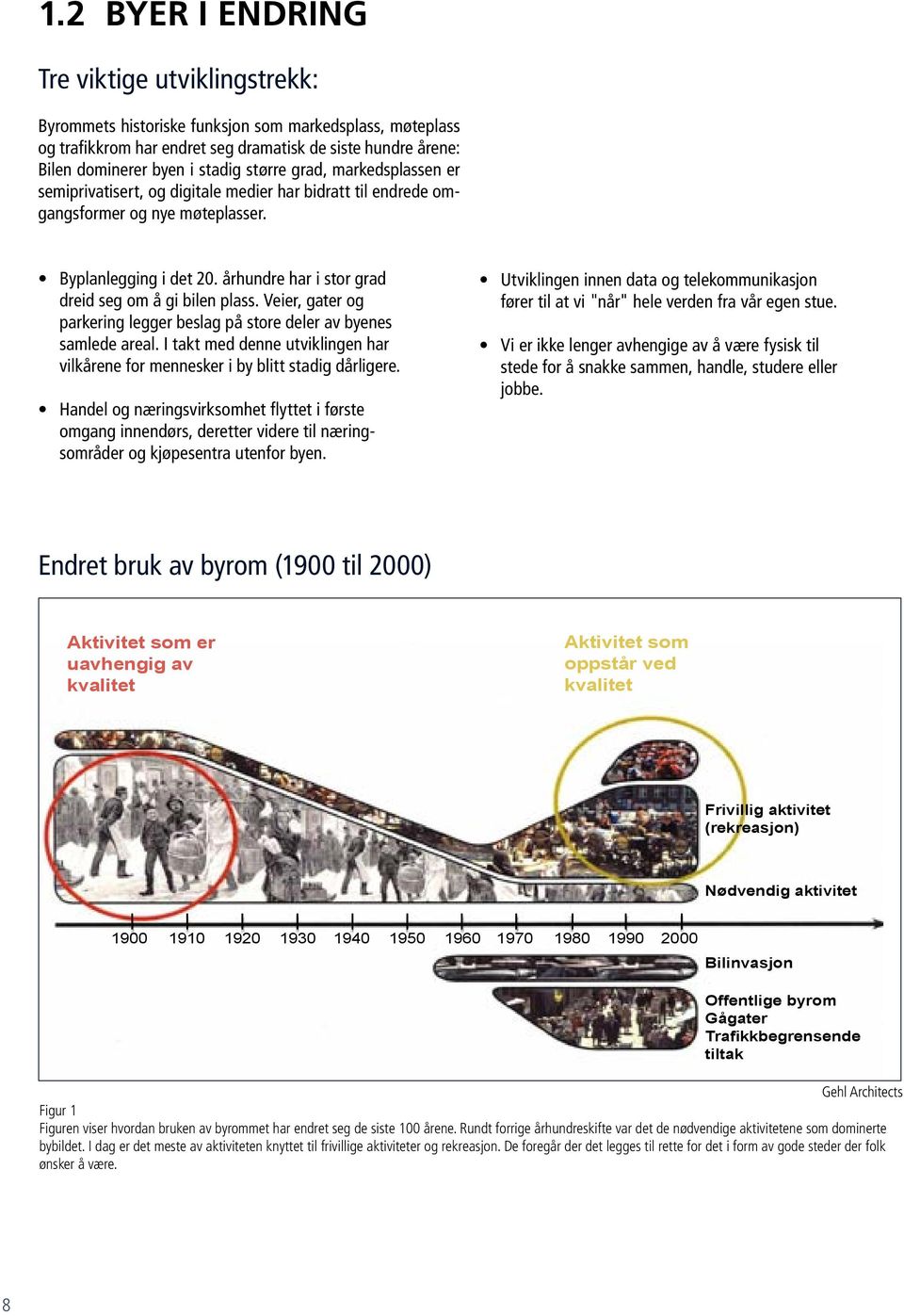 århundre har i stor grad dreid seg om å gi bilen plass. Veier, gater og parkering legger beslag på store deler av byenes samlede areal.