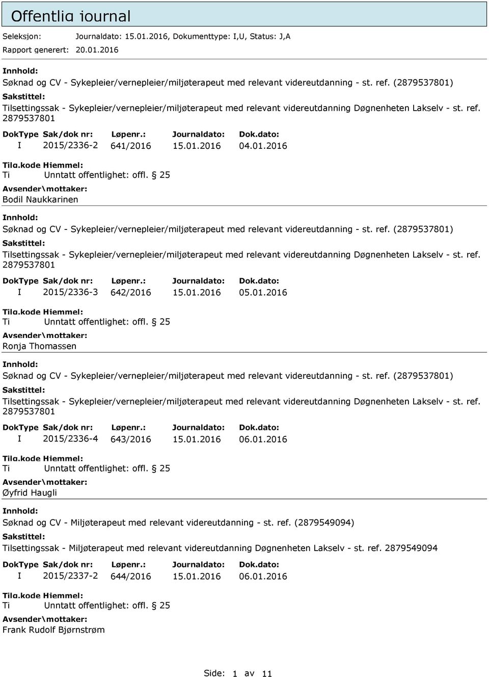 01.2016 nnhold: lsettingssak - Sykepleier/vernepleier/miljøterapeut med relevant videreutdanning Døgnenheten Lakselv - st. ref. 2015/2336-4 643/2016 Øyfrid Haugli 06.01.2016 nnhold: Søknad og CV - Miljøterapeut med relevant videreutdanning - st.