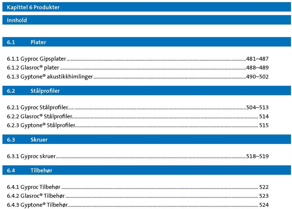 ..504 513 6.2.2 Glasroc Stålprofiler... 514 6.2.3 Gyptone Stålprofiler... 515 6.3 Skruer 6.3.1 Gyproc skruer.