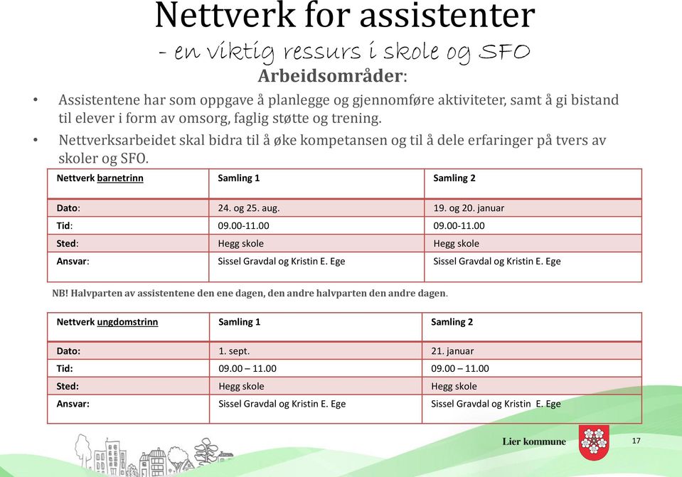 januar Tid: 09.00-11.00 09.00-11.00 Sted: skole skole Ansvar: Sissel Gravdal og Kristin E. Ege Sissel Gravdal og Kristin E. Ege NB!