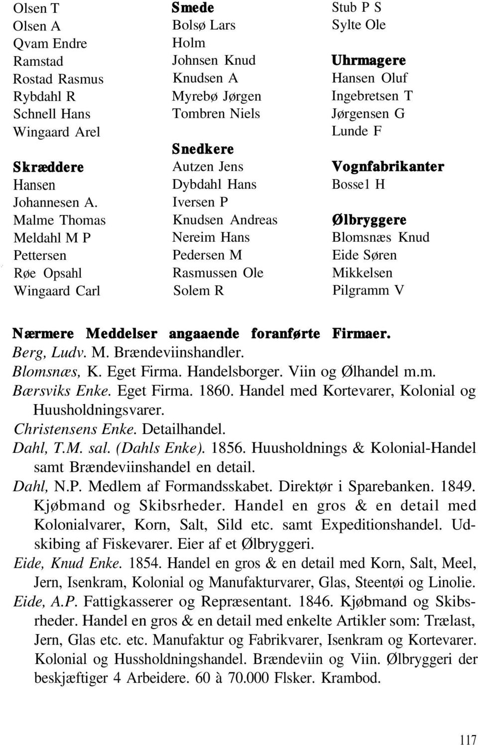 Hans Pedersen M Rasmussen Ole Solem R Stub P S Sylte Ole Uhrmagere Hansen Oluf Ingebretsen T Jørgensen G Lunde F Vognfabrikanter Bosse1 H Ølbryggere Blomsnæs Knud Eide Søren Mikkelsen Pilgramm V