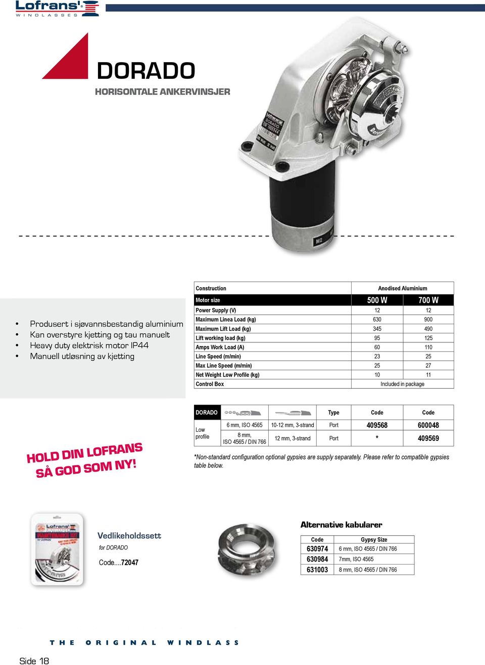 Aluminium Motor size 500 W 700 W Power Supply (V) 12 12 Maximum Linea Load (kg) 630 900 Maximum Lift Load (kg) 345 490 Lift working load (kg) 95 125 Amps Work Load (A) 60 110 Line Speed (m/min) 23 25