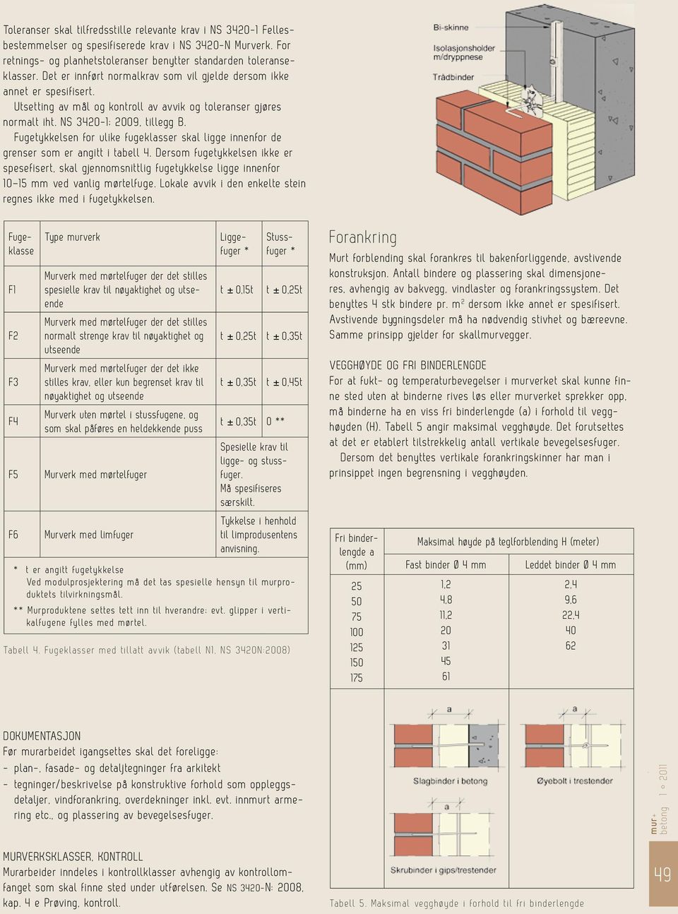 Fugetykkelsen for ulike fugeklsser skl ligge innenfor de grenser som er ngitt i tbell 4.