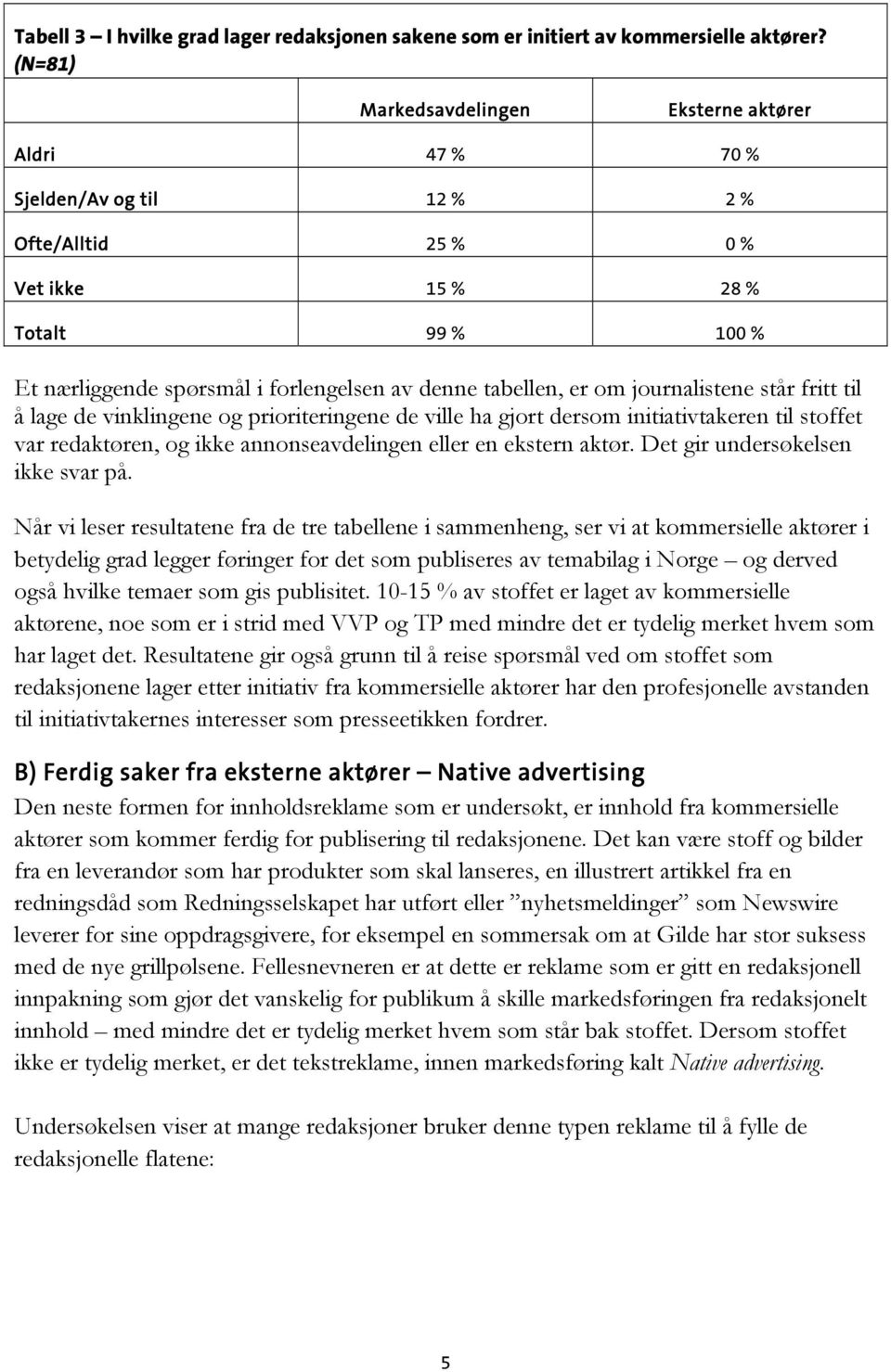 tabellen, er om journalistene står fritt til å lage de vinklingene og prioriteringene de ville ha gjort dersom initiativtakeren til stoffet var redaktøren, og ikke annonseavdelingen eller en ekstern