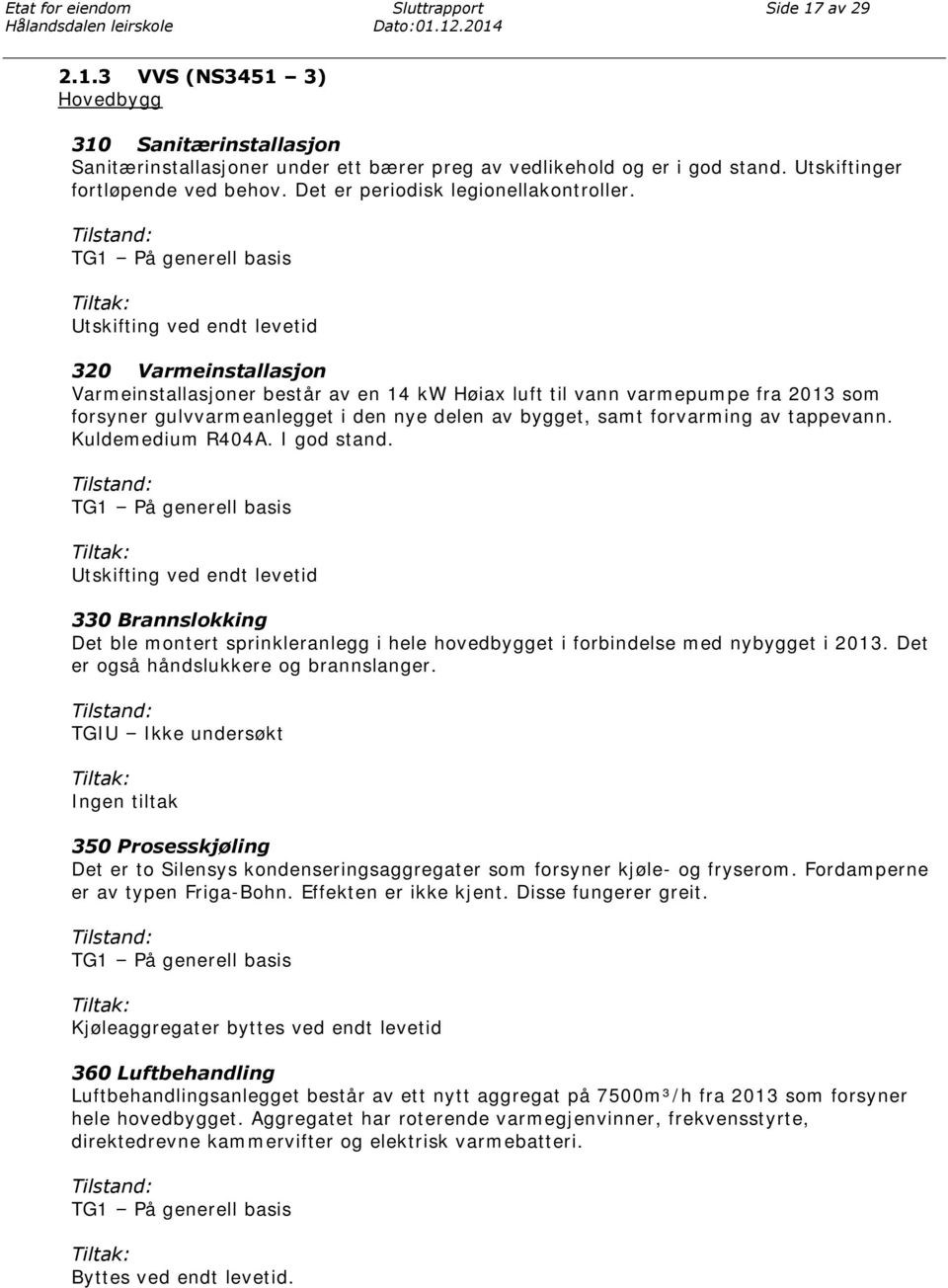 Tilstand: TG1 På generell basis Tiltak: Utskifting ved endt levetid 320 Varmeinstallasjon Varmeinstallasjoner består av en 14 kw Høiax luft til vann varmepumpe fra 2013 som forsyner gulvvarmeanlegget