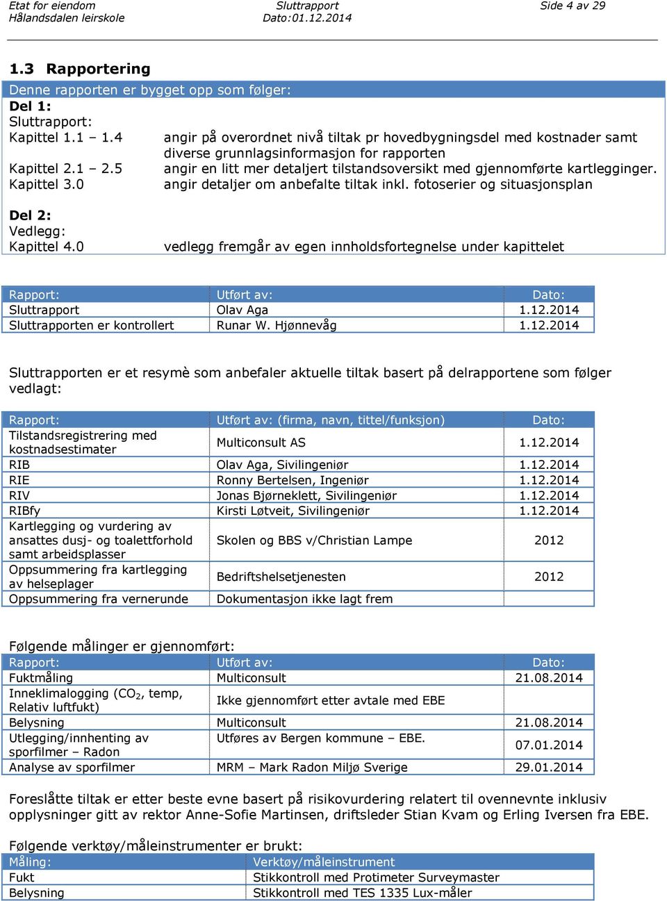 5 angir en litt mer detaljert tilstandsoversikt med gjennomførte kartlegginger. Kapittel 3.0 angir detaljer om anbefalte tiltak inkl. fotoserier og situasjonsplan Del 2: Vedlegg: Kapittel 4.