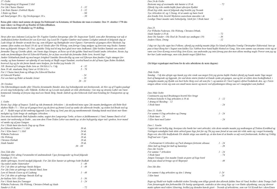 Hele reisa kostet 18 riksdaler og 59 skilling. Strax efter min Ankomst Lod jeg her Hr. Fogden Gambor forespørge efter Hr.