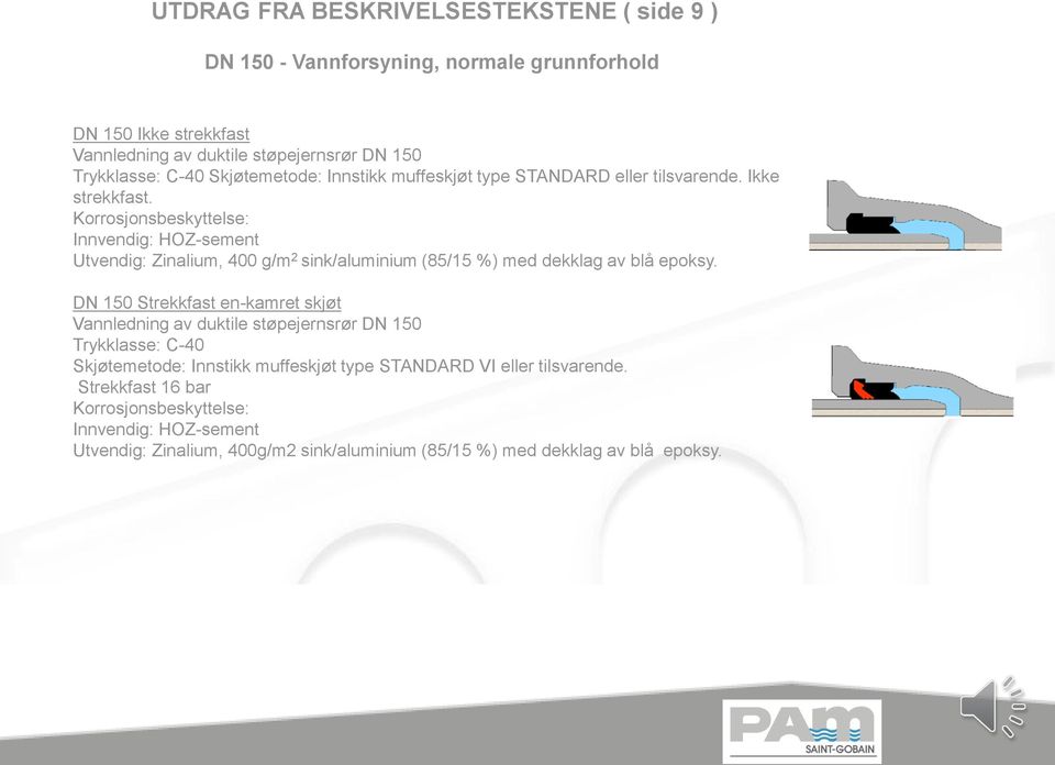 Korrosjonsbeskyttelse: Innvendig: HOZ-sement Utvendig: Zinalium, 400 g/m 2 sink/aluminium (85/15 %) med dekklag av blå epoksy.