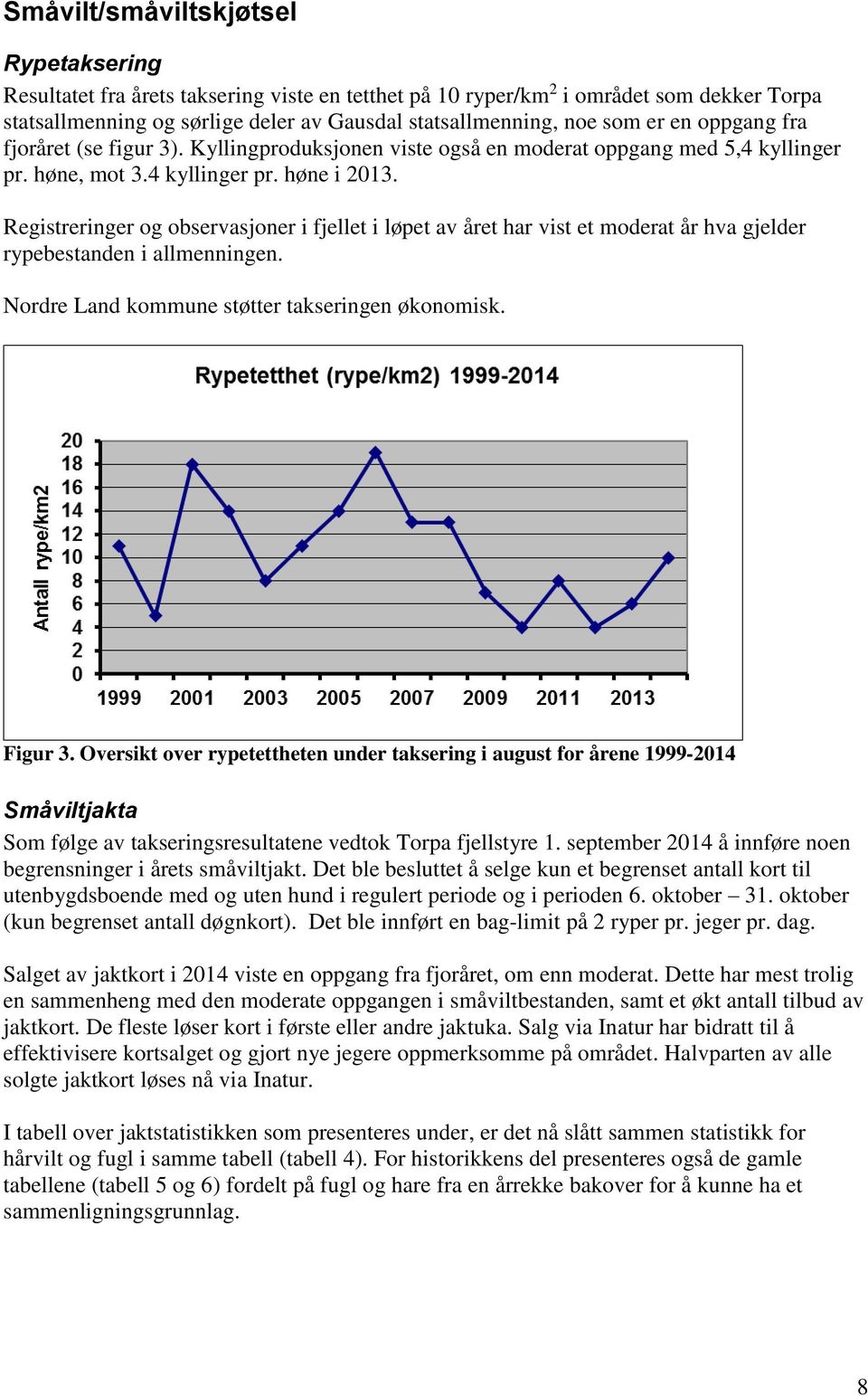 Registreringer og observasjoner i fjellet i løpet av året har vist et moderat år hva gjelder rypebestanden i allmenningen. Nordre Land kommune støtter takseringen økonomisk. Figur 3.