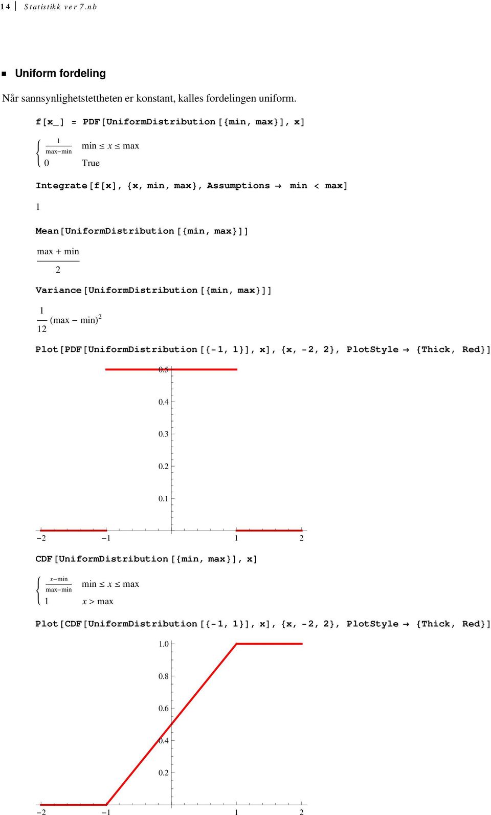 min Plot PDF UniformDistribution,, x, x,,, PlotStyle Thick, Red 0.5 0.4 0.3 0. 0. CDF UniformDistribution min, max, x x min max min min x max x max Plot CDF UniformDistribution,, x, x,,, PlotStyle Thick, Red.