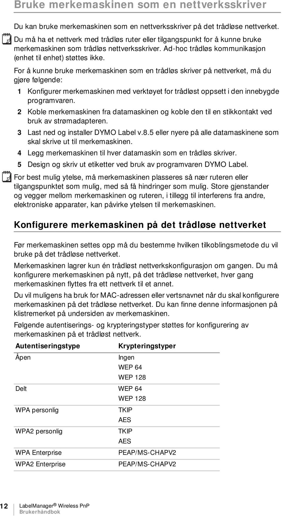 For å kunne bruke merkemaskinen som en trådløs skriver på nettverket, må du gjøre følgende: 1 Konfigurer merkemaskinen med verktøyet for trådløst oppsett i den innebygde programvaren.